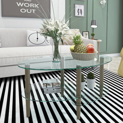Transparent Oval Glass Coffee Table Modern Table Wood Leg Tea Table 3-layer