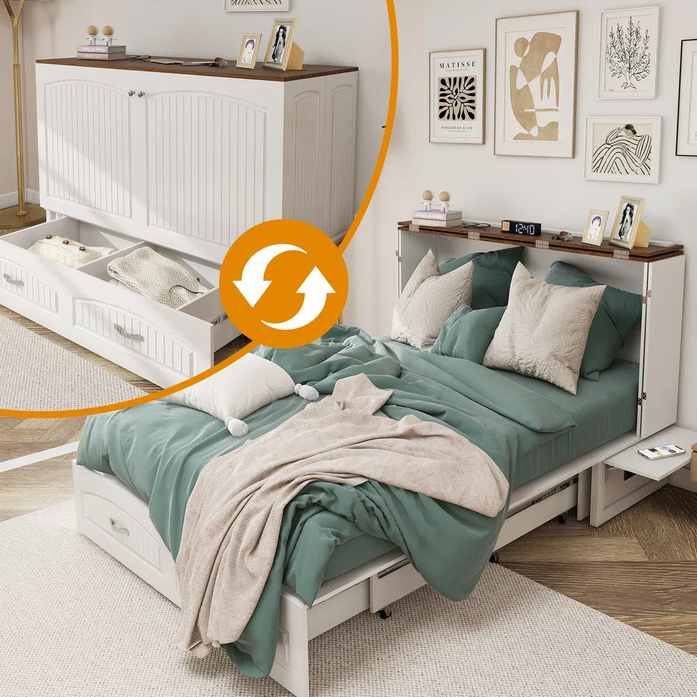 Queen-Size-Murphy-Bettgestell mit Schubladen, Murphy-Bett mit Lade-Station, 2 USB-Anschlüssen, mobiles Murphy-Bett als Schlafanordnung für vielseitige Bereiche im Schlafzimmer, Wohnzimmer, Gästezimmer, Weiß & Holz