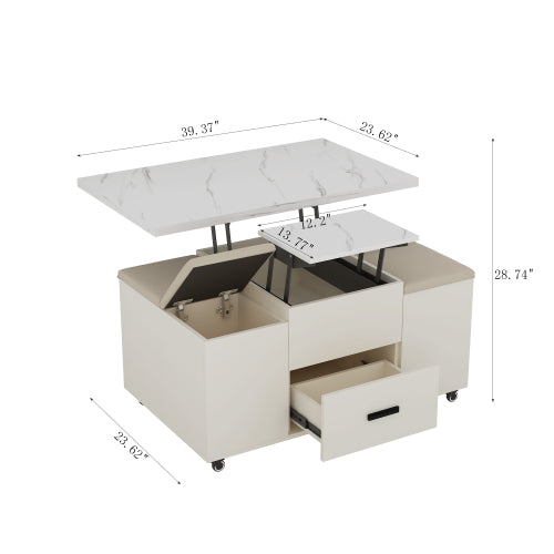Moderner Klappbarer Couchtisch mit 4 Hocker-Set für das Wohnzimmer, ausziehbar, 1 versteckte Aufbewahrung, 2 Schubladen, platzsparender faltbarer Esstisch