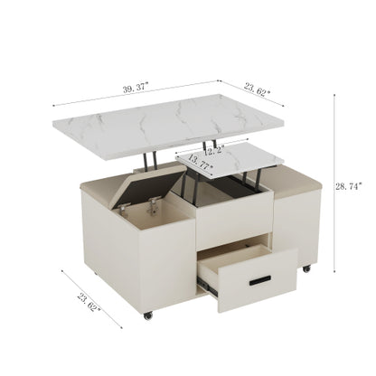 Moderner Klappbarer Couchtisch mit 4 Hocker-Set für das Wohnzimmer, ausziehbar, 1 versteckte Aufbewahrung, 2 Schubladen, platzsparender faltbarer Esstisch