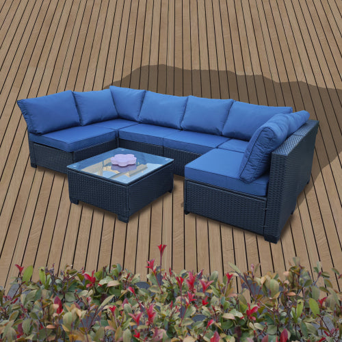 Siebenteiliges Sofaset mit Tisch und Sessel, Schwarz, PE-Rattan, Außenmöbel 7-JH001, Karton 3-1-2-3 mit blauen Sitzkissen