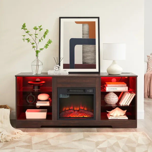 TV-Ständer mit elektrischem Kamin und Glasregalen, 3D-Kamin-TV-Ständer mit LED-Beleuchtung aus Holz mit USB-Ladeanschluss Moderner Fernsehtisch für TVs bis zu 62" ESP, 58''B*15,5''T*24,4"H