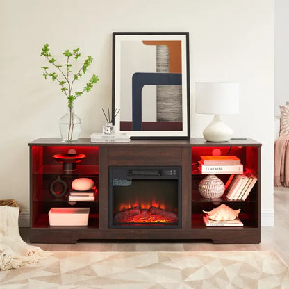 TV-Ständer mit elektrischem Kamin und Glasregalen, 3D-Kamin-TV-Ständer mit LED-Beleuchtung aus Holz mit USB-Ladeanschluss Moderner Fernsehtisch für TVs bis zu 62" ESP, 58''B*15,5''T*24,4"H