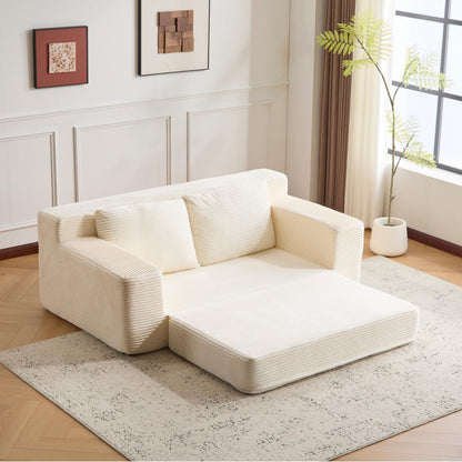 Zweisitzer-Sofa, Bequemes Sofa-Bett mit tiefer Sitzfläche, Modernes kleines Cord-Sofa für Wohnzimmer und Schlafzimmer, Umkehrbare Sitzkissen mit Kissen, Keine Montage erforderlich, Weiß