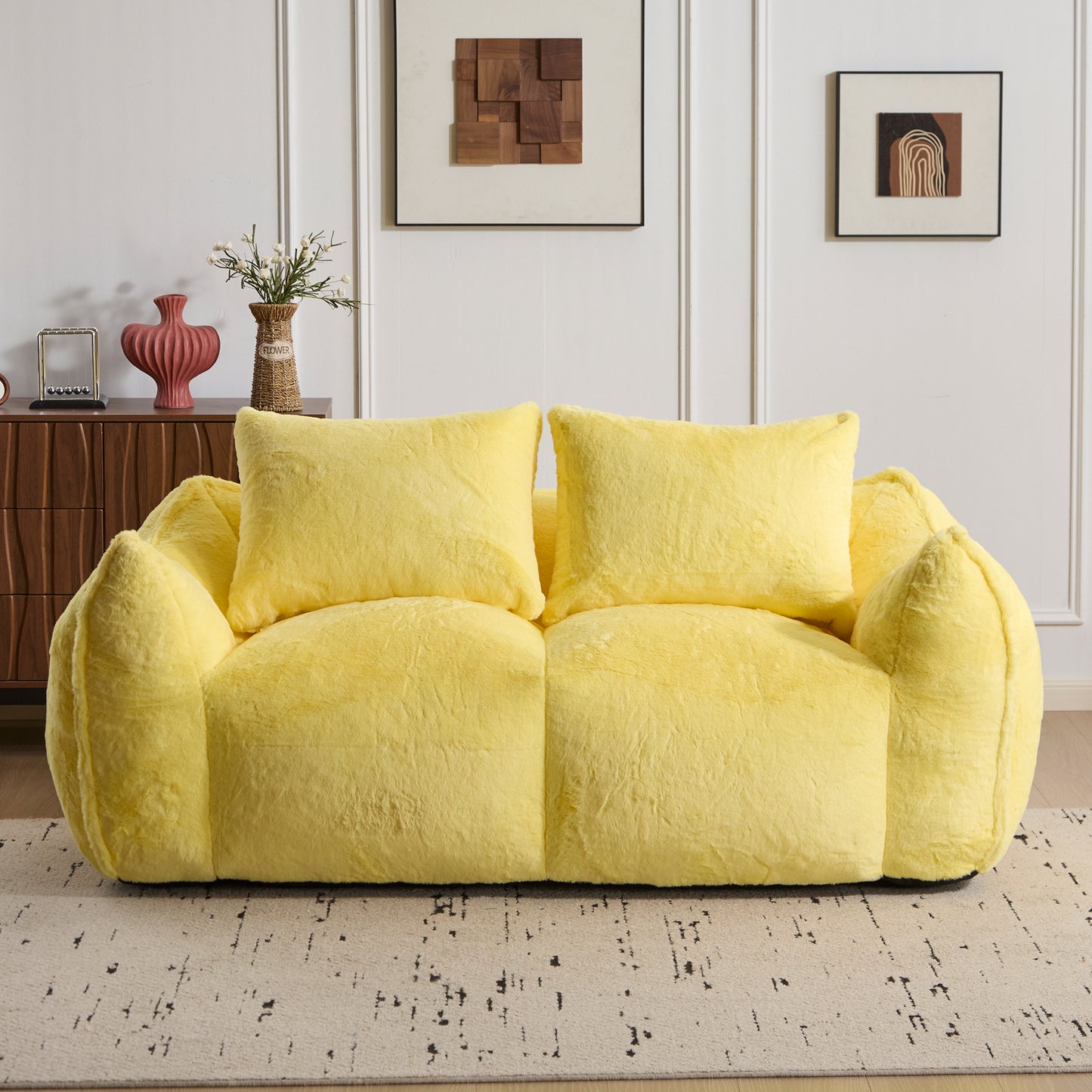Riesiges Sitzsacksofa für Erwachsene, ultra weiches, flauschiges Zweiersofa aus Sitzsäcken, überdimensionierter Chaise-Lounge-Sessel für Innenräume im Wohnzimmer oder Schlafzimmer, keine Montage erforderlich, gemütlicher Lesesessel mit Kissen, Gelb