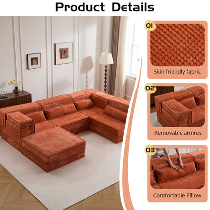 Kompressions-Mahjong-Sofa, umklappbares Boden-Sofabett, DIY knochenloses modulares Sektionssofa, keine Montage erforderlich, Kreis-Fleece-Stoff, überdimensioniertes 4-Sitzer-Sofa mit 1 Hocker, Orange
