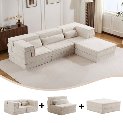 Kompressions-Mahjong-Sofa, umklappbares Boden-Sofabett, DIY knochenloses modulares Sektionssofa, keine Montage erforderlich, runder Fleece-Stoff, überdimensioniertes 4-Sitzer-Sofa mit 3 Kissen, weiß