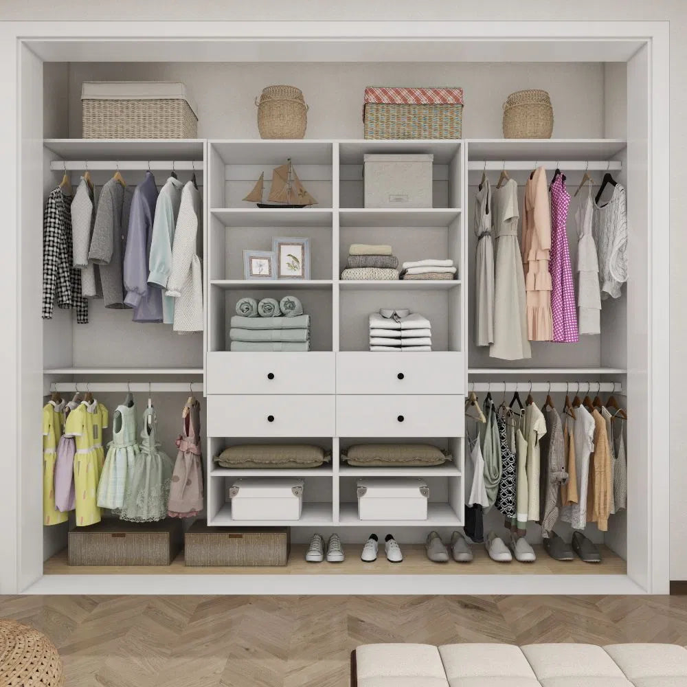 Schrankorganisationssystem, Wandmontierter Schrankaufbewahrungsbereich mit Schubladen und Regalen, Schrankaufbewahrung für das Schlafzimmer, Weiß