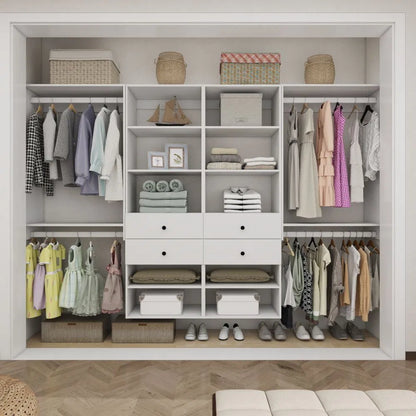 Schrankorganisationssystem, Wandmontierter Schrankaufbewahrungsbereich mit Schubladen und Regalen, Schrankaufbewahrung für das Schlafzimmer, Weiß