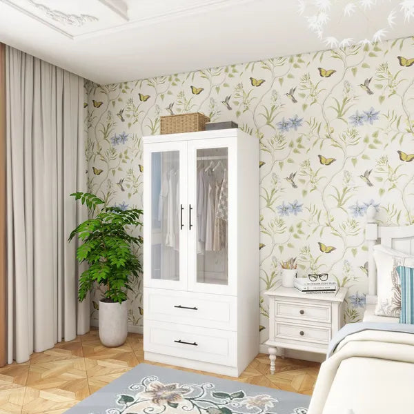 Kleiderschrank Garderobe Schrank mit 2 Glastüren, 71" hoher Schlafzimmer-Kleiderschrank mit 2 Schubladen, Schrank mit Kleiderstange für das Schlafzimmer, Holzkleiderschränke und Garderoben