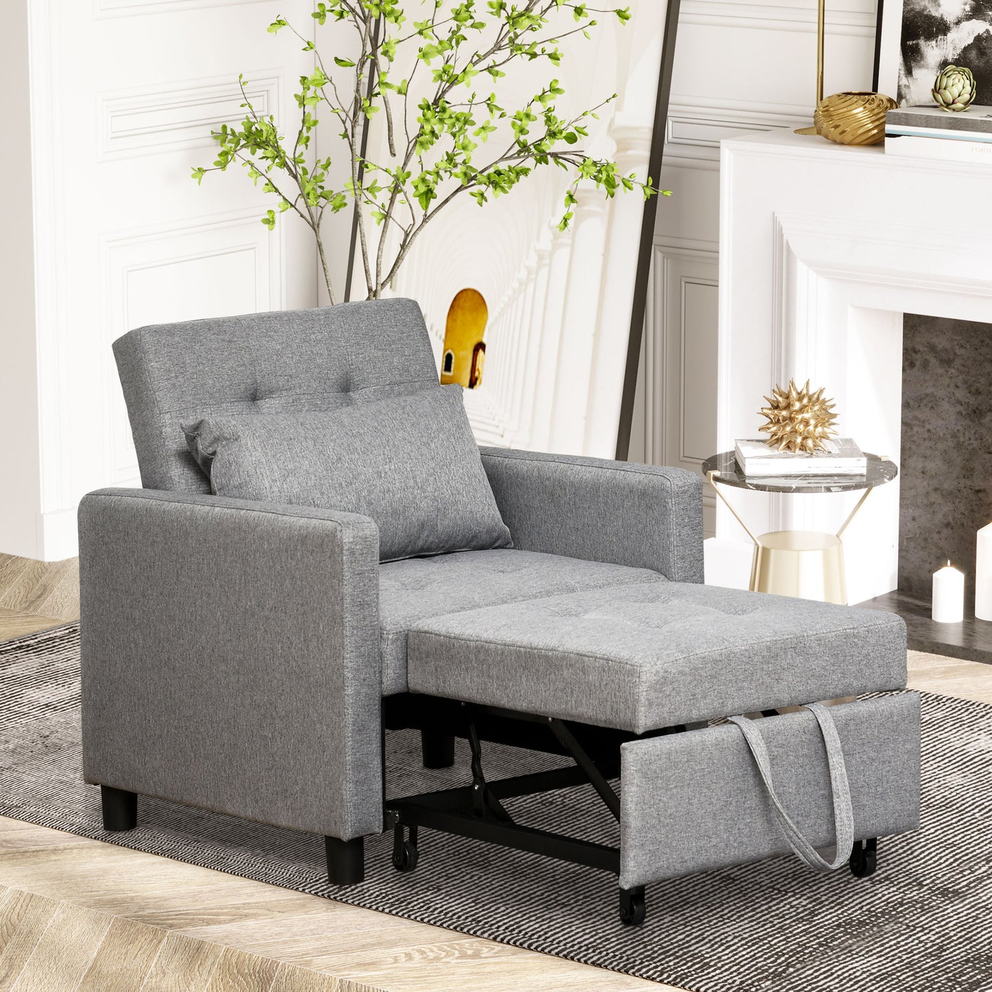 Convertible Sofa Lounger Chair Bed Multi-Functional Sleeper Recliner with Tufted Upholstered Adjustable Angle Backrest