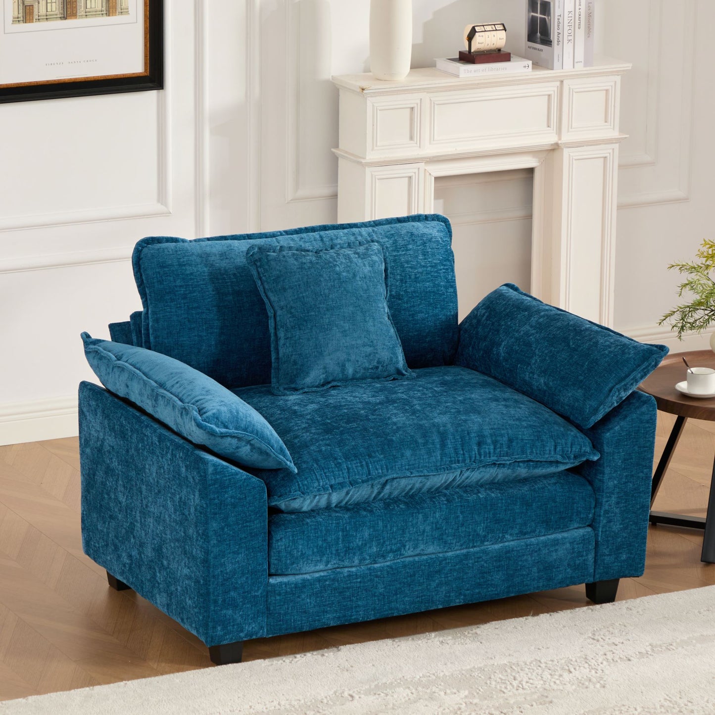 Cloud-Sofa Einzelplatz Ottoman nicht enthalten, modernes Ecksofa, für Wohnzimmer, Schlafzimmer und Wohnung, bequeme zweischichtige gepolsterte Sitzkissen, atmungsaktiver Chenille-Stoff, Blau, SW5041BL