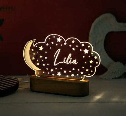 Personalized children cloud-shaped night light with crescent moon star pattern in warm white glow for baby kids room