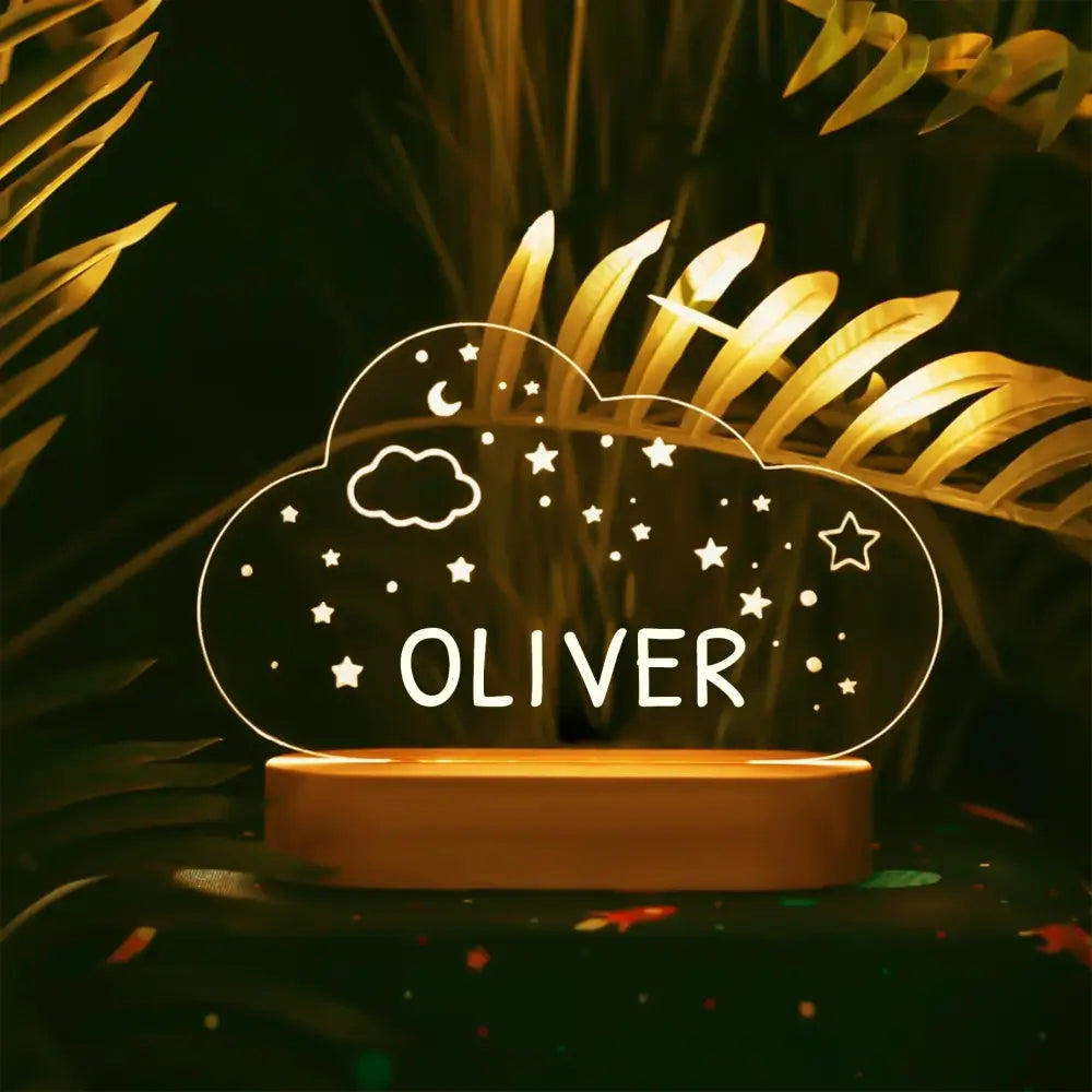 Decorbites™ warm glowing cloud-shaped led night light with personalized name oliver and celestial designs for baby kids