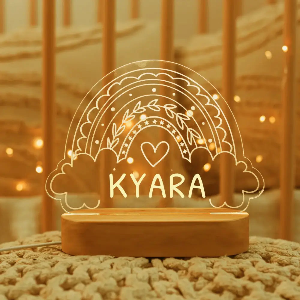 Decorbites™ personalized children night light with warm yellow led rainbow and heart on wooden base for baby kids rooms