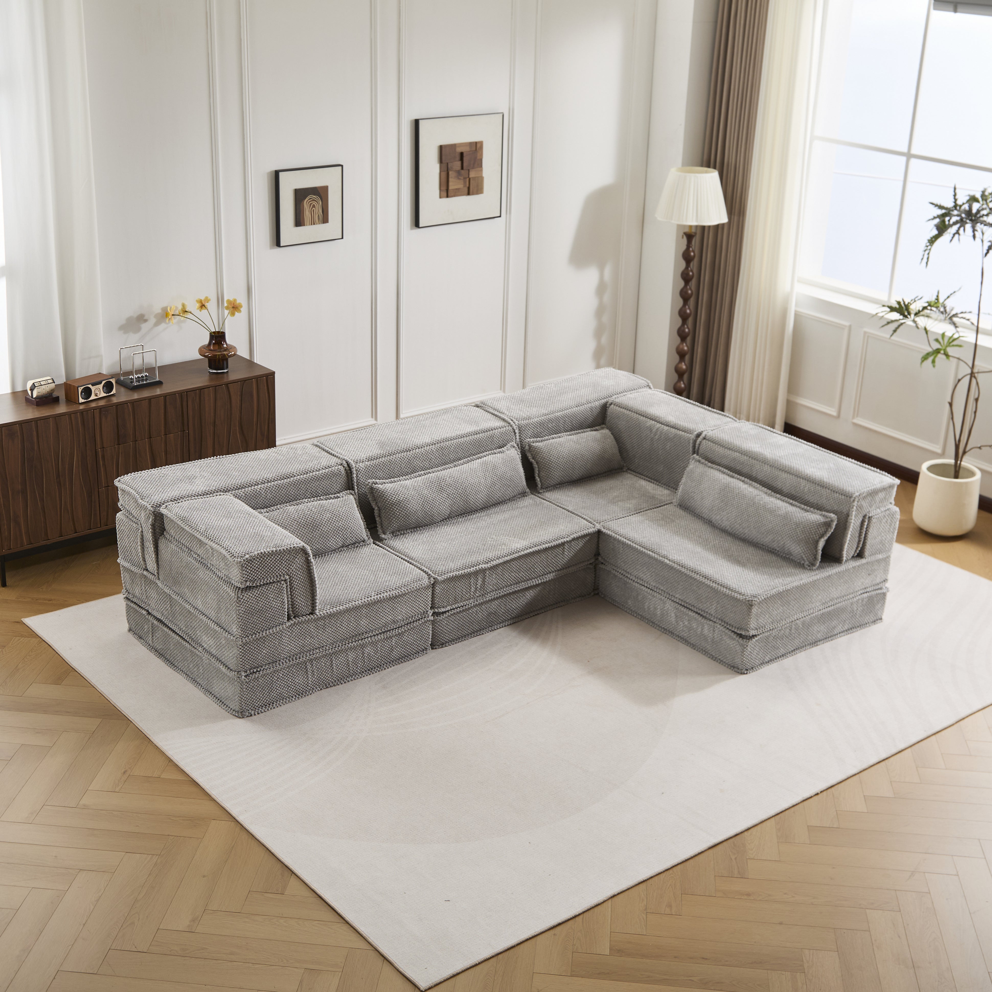 Kompressions-Mahjong-Sofa, Umwandelbares Boden-Sofabett, DIY Knochenloses Modulares Sektionalsofa, Keine Montage Erforderlich, Kreisförmiger Fleece-Stoff, Überdimensioniertes 4-Sitzer-Sofa mit 4 Kissen, Hellgrau