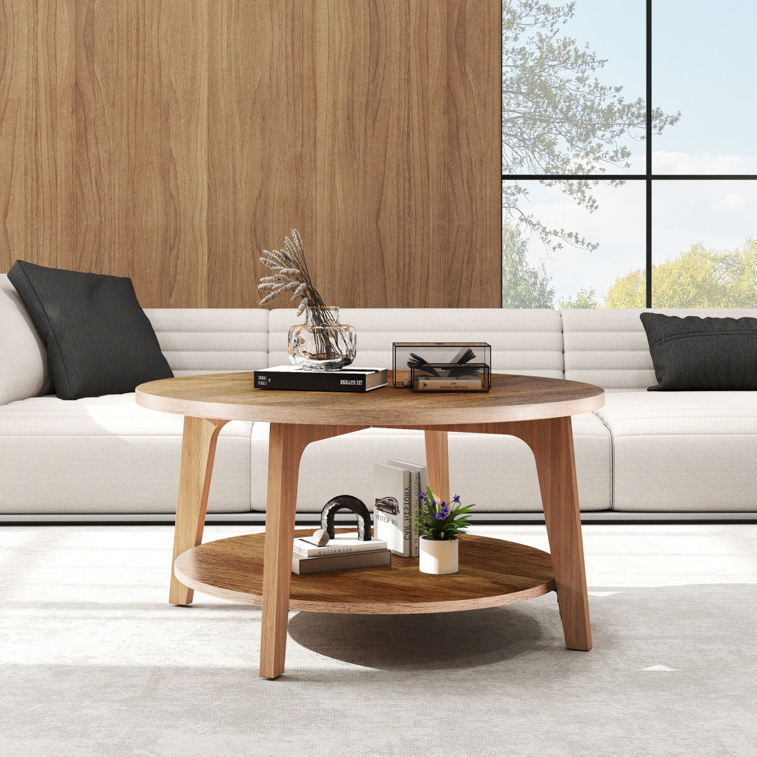Runder Couchtisch, 32 Holzcouchtische für das Wohnzimmer mit Stauraum, zweistufiger zentraler runder Tresen mit Holztischplatte