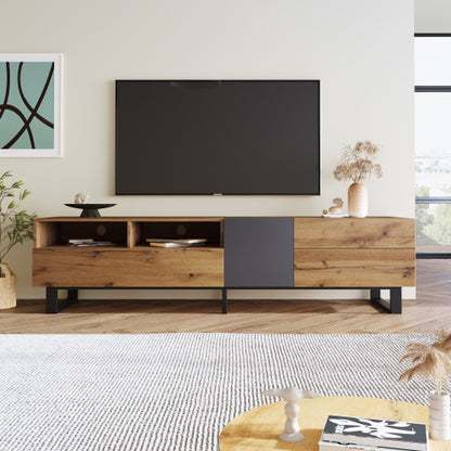 Moderne TV-Ständer für 80-Zoll-Fernseher mit doppeltem Stauraum, Medienkonsole, Unterhaltungszentrum mit absenkbarer Tür für das Wohnzimmer