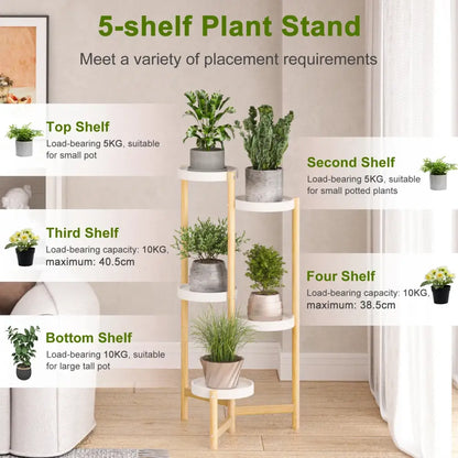 Decorbites 5-tier bamboo plant stand with light wood legs and white shelves for indoor and outdoor use