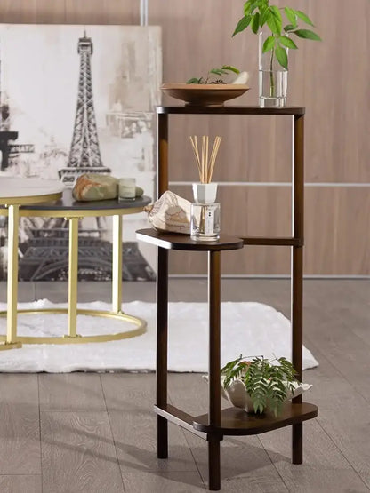 Dark brown wooden decorbites bamboo corner plant stand with three round shelves and modern minimalist design