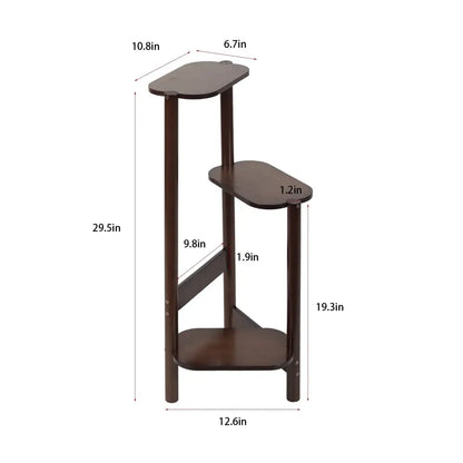 Dark brown bamboo three-tier corner plant stand with oval shelves and angled legs for garden balcony use