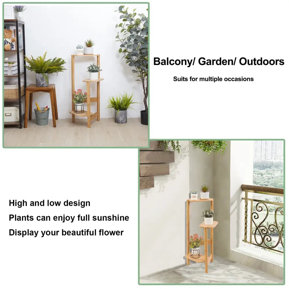 Light brown bamboo corner plant stand with three tiers and curved legs ideal for garden balcony plant rack