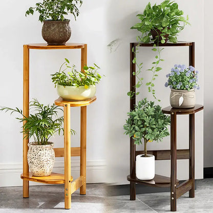 Decorbites™ bamboo corner plant stands featuring two tiers in light natural and dark stained wood for garden use