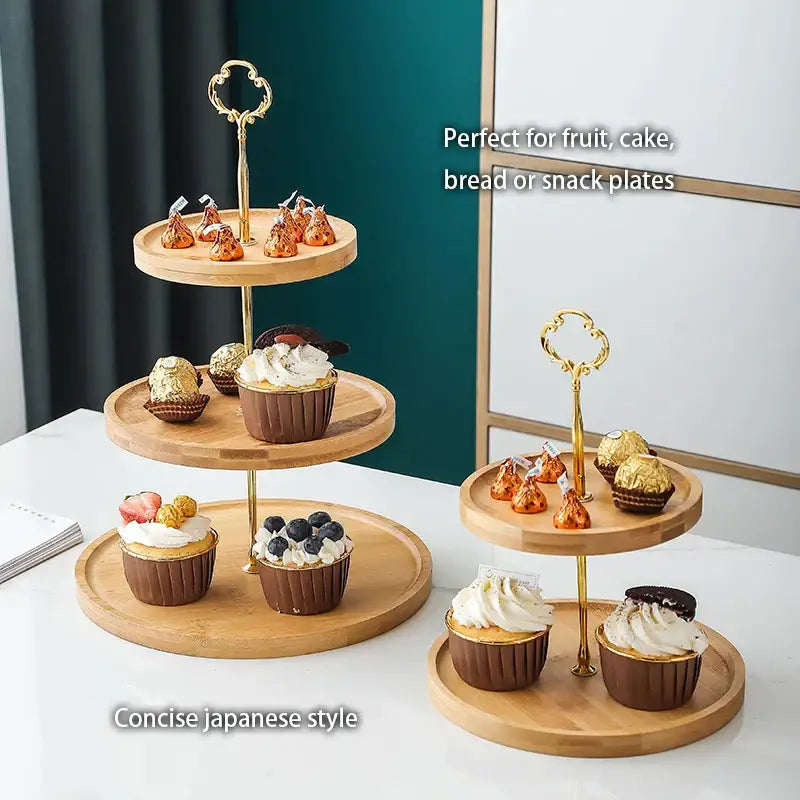 Golden keyhole handle atop a three-tier bamboo fruit cake stand with wood trays for dining room decorbites bamboo fruit