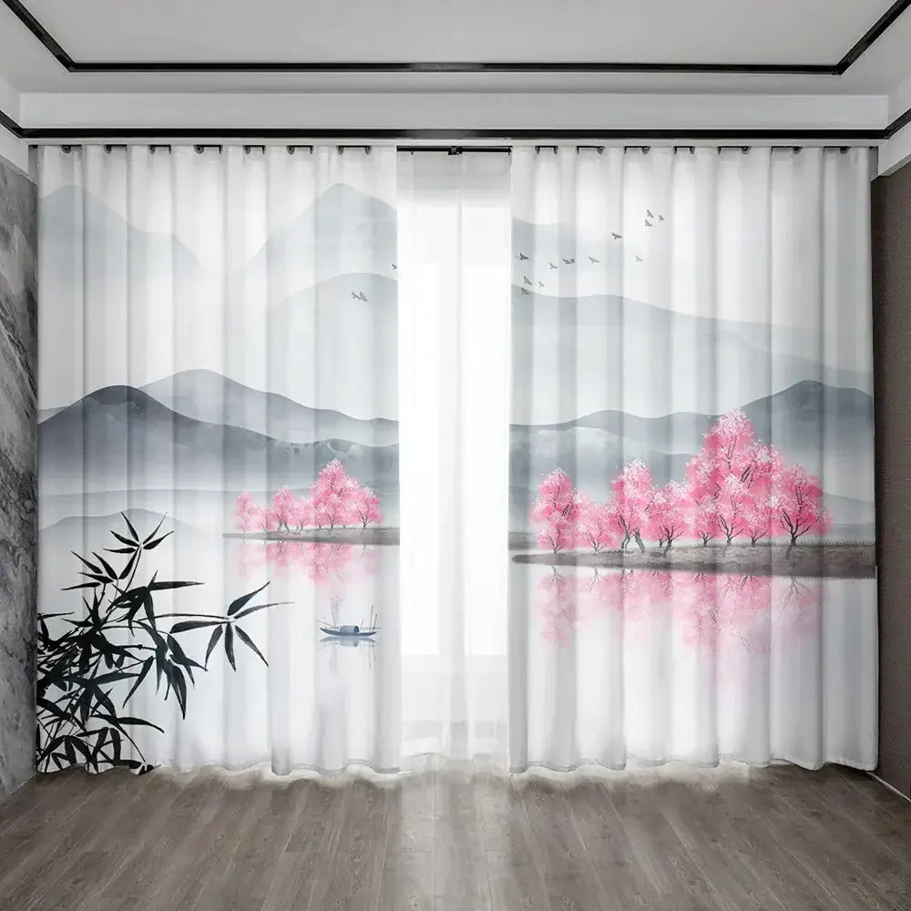 White sheer bamboo ink painting curtains with pink cherry blossoms mountains and bamboo foliage for living room decorbites bamboo ink