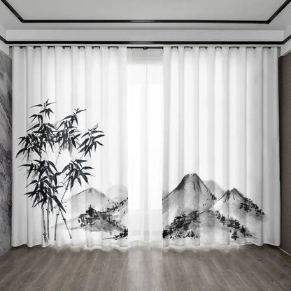 White sheer bamboo ink painting curtains with black ink wash bamboo and mountain design for living room decorbites decor