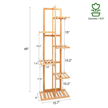 Tall light-brown decorbites 6-tier bamboo plant stand with multiple slatted shelves for indoor outdoor display