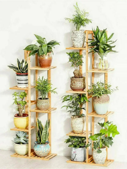 Decorbites 6-tier tall light-colored bamboo plant stand with multiple shelves for indoor outdoor display of potted plants