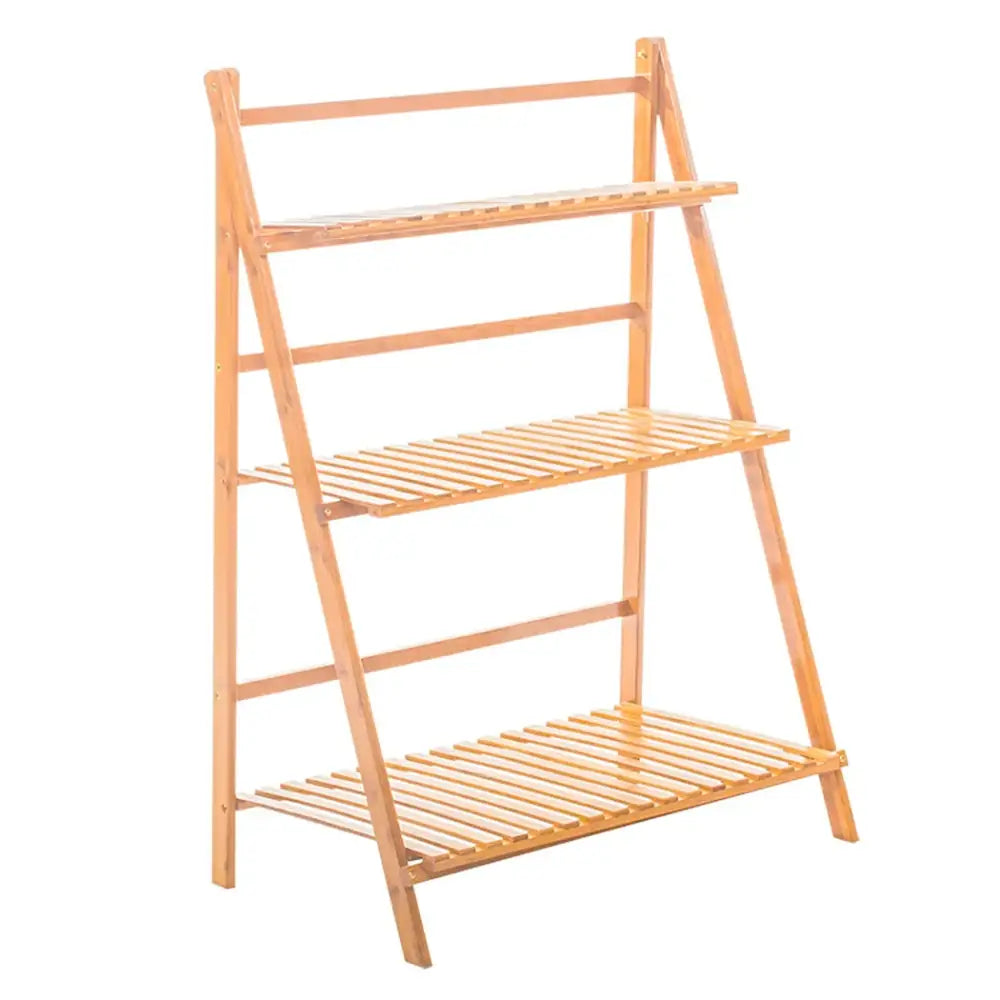 Light brown bamboo plant stand with three slatted tiers folding design for indoor and outdoor use decorbites bamboo plant stand