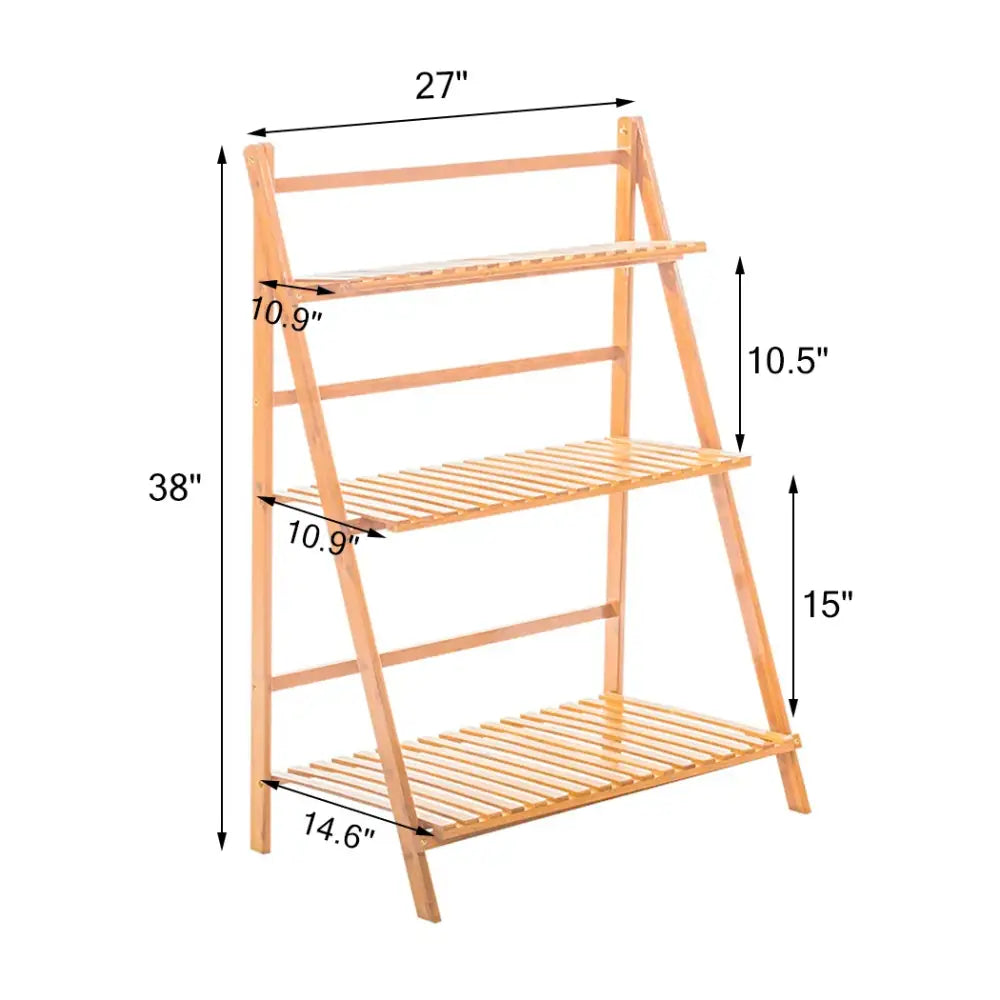 Light brown bamboo plant stand three-tier ladder shelf with slatted shelves and angled legs for indoor outdoor use