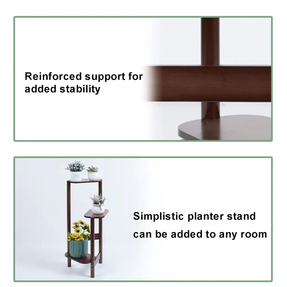 Dark brown bamboo tall corner plant stand with three tiers for outdoor garden use by decorbites