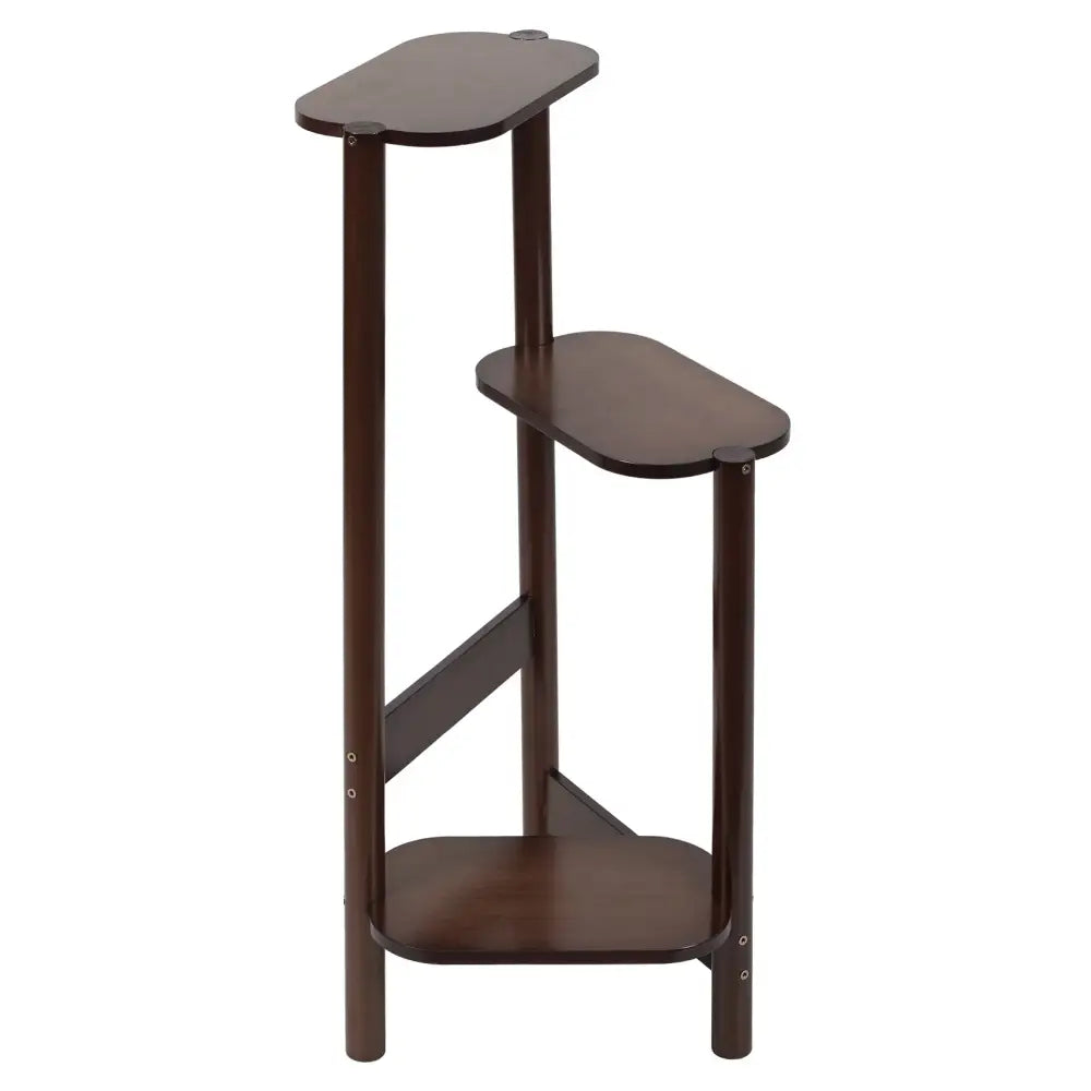 Dark brown bamboo tall corner plant stand with three oval-shaped tiers and vertical support legs for outdoor garden use