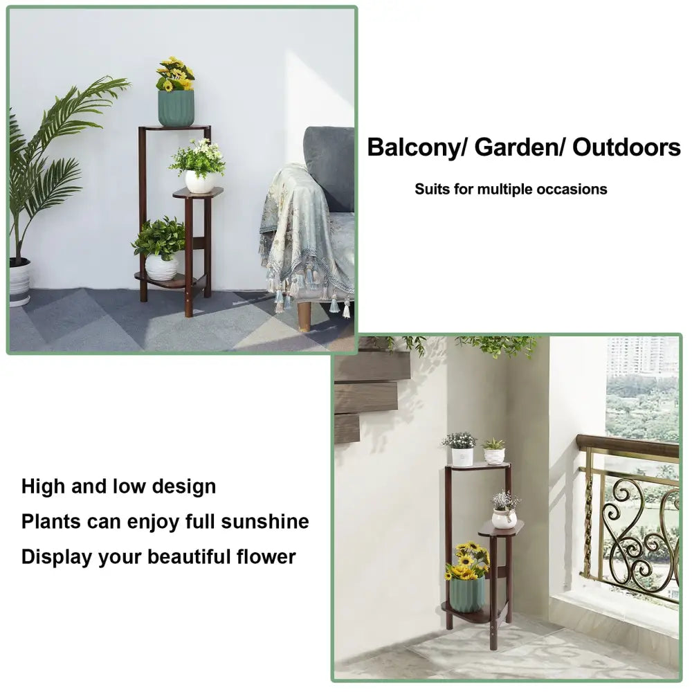 Dark brown wooden three-tier bamboo tall corner plant stand with curved legs and circular shelves for outdoor garden use