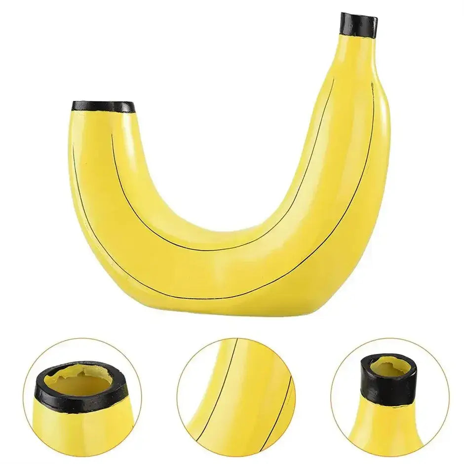 A glossy yellow banana shape resin flower vase with black caps and subtle peel-like black lines