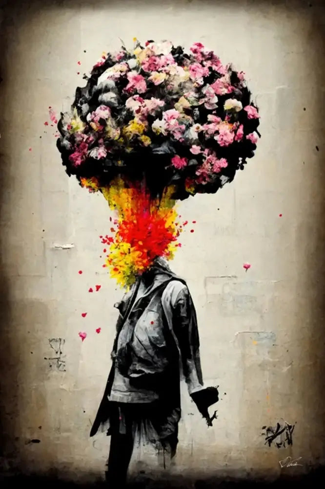 Decorbites™ banksy boy girl balloon canvas print featuring a black-and-white figure with vibrant pink and yellow flowers