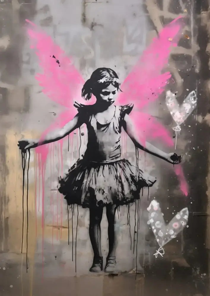 Decorbites™ banksy boy girl balloon canvas wall art featuring black and white fairy girl with vibrant pink wings in canvas print