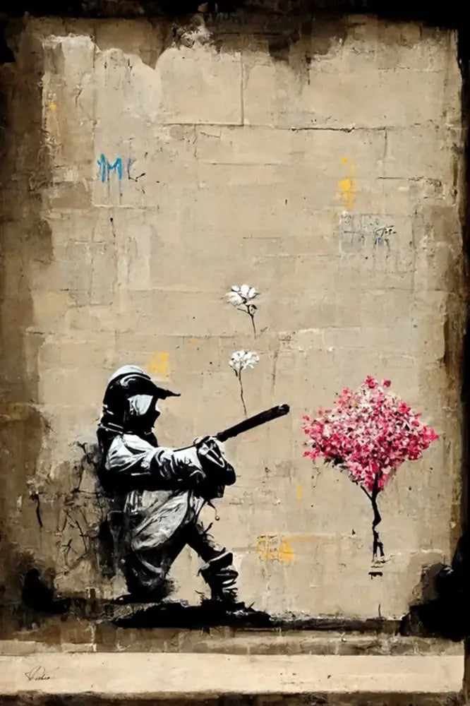 DecorBites™ Banksy boy girl balloon canvas print features black-and-white stencil soldier aiming at pink tree