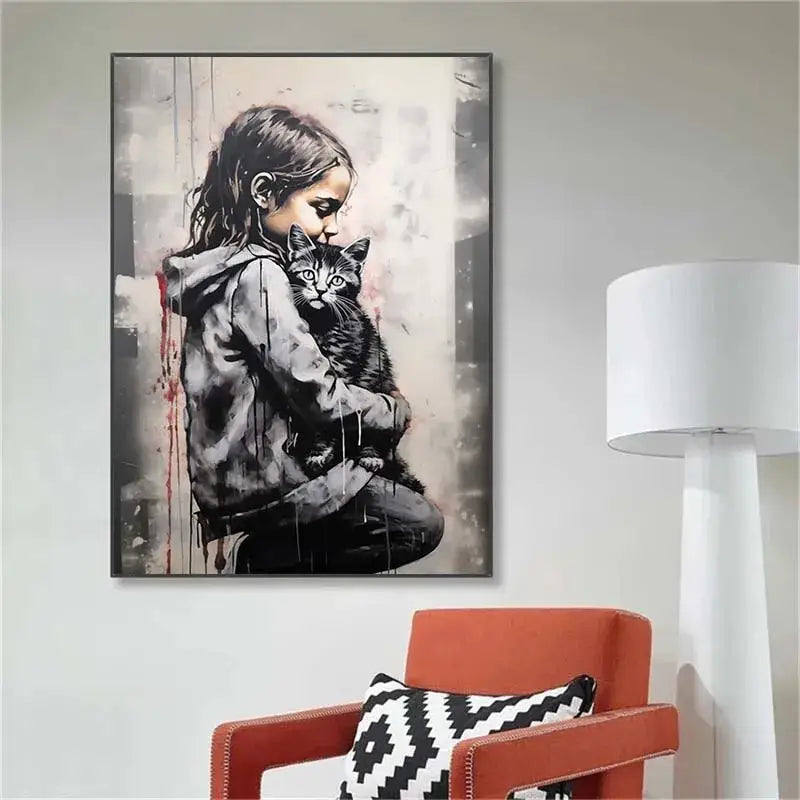 Decorbites™ banksy boy girl balloon canvas wall art featuring black and gray street art print of girl holding cat with red paint drips