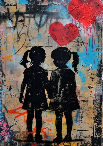 Black silhouette boy girl holding hands beneath red heart on vibrant graffiti background balloon canvas print