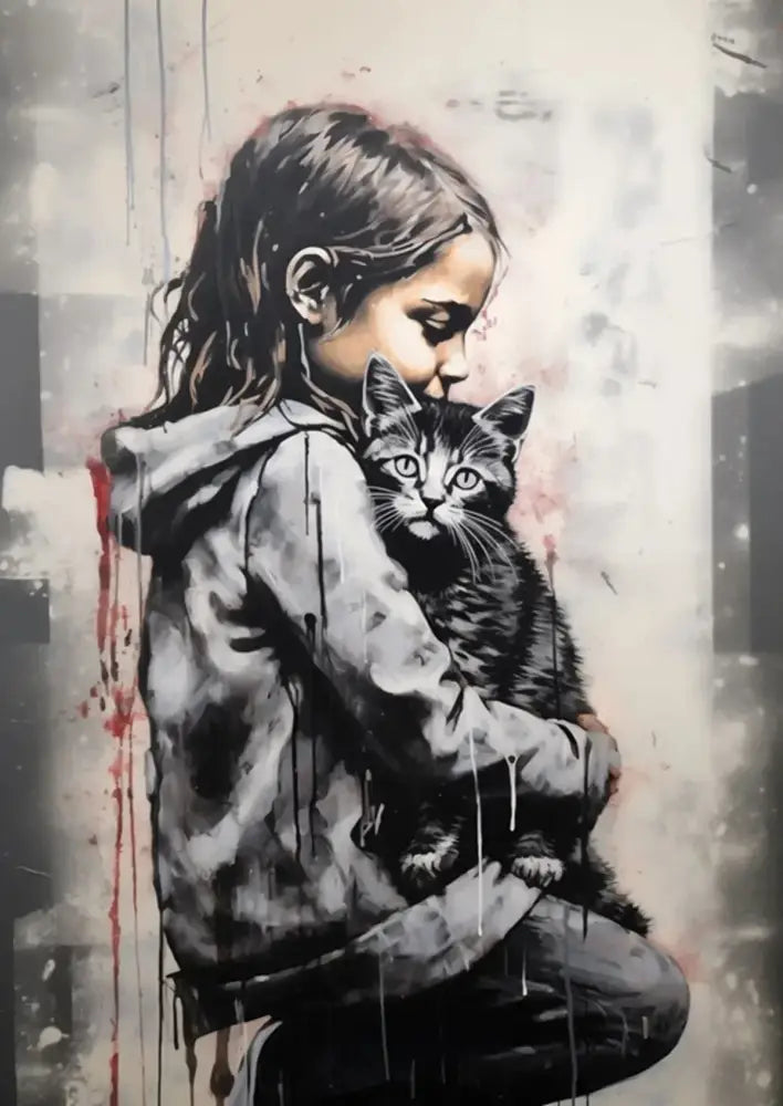 Decorbites banksy boy girl balloon canvas print featuring black and white mural of girl in hoodie holding tabby cat