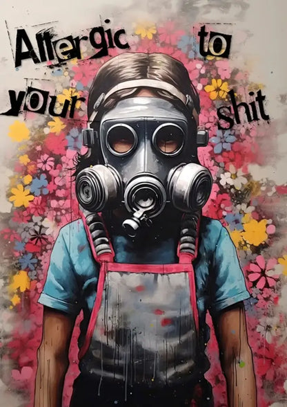 Decorbites™ banksy boy girl balloon canvas print featuring a person with metallic gas mask and dual oxygen tanks