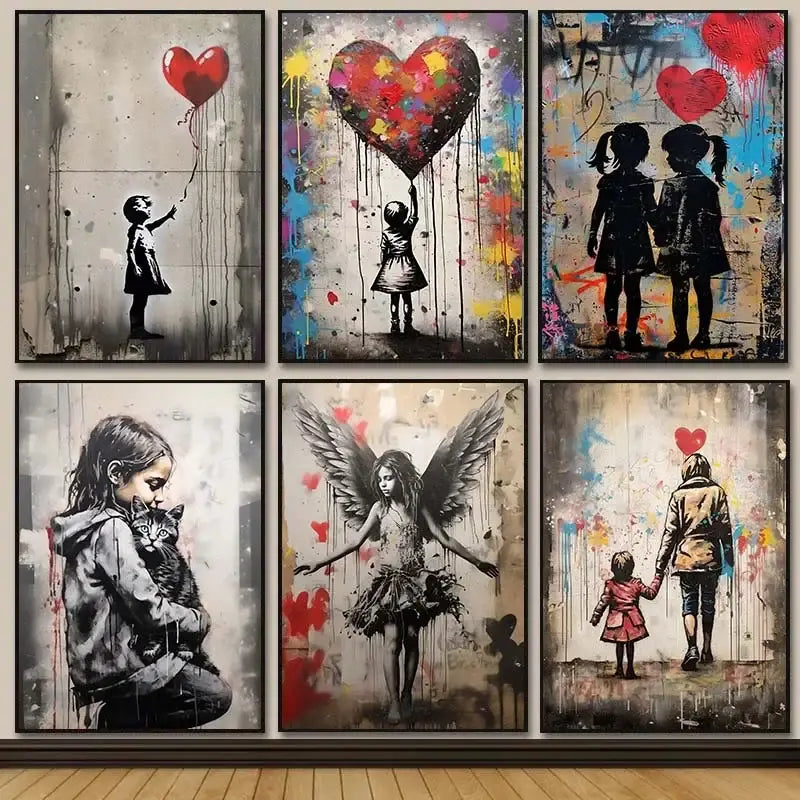 Set of six decorbites™ banksy boy girl balloon canvas prints featuring iconic street art on framed canvas wall art