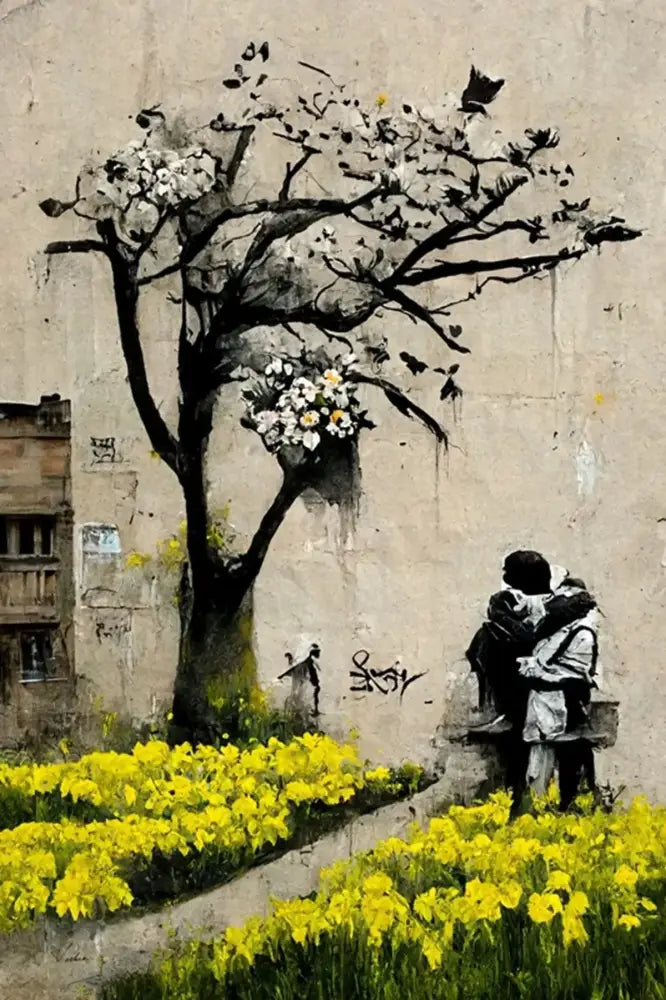 Black and white stylized blossoming tree mural with birds on textured wall in decorbites™ boy girl balloon canvas print