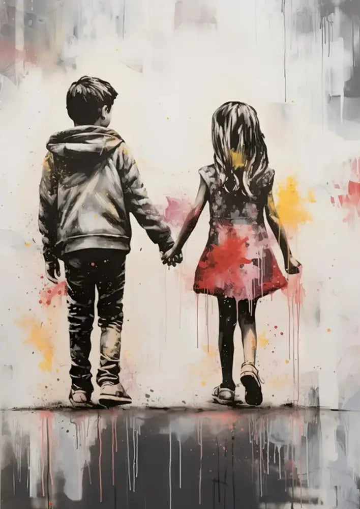 Decorbites™ banksy boy girl balloon canvas wall art featuring grayscale children with red and yellow paint splatters on canvas print