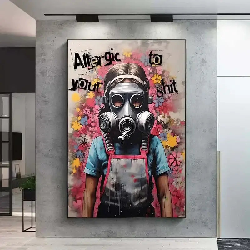 Decorbites™ banksy boy girl balloon canvas print featuring a metallic gas mask figure with colorful flowers on gray wall