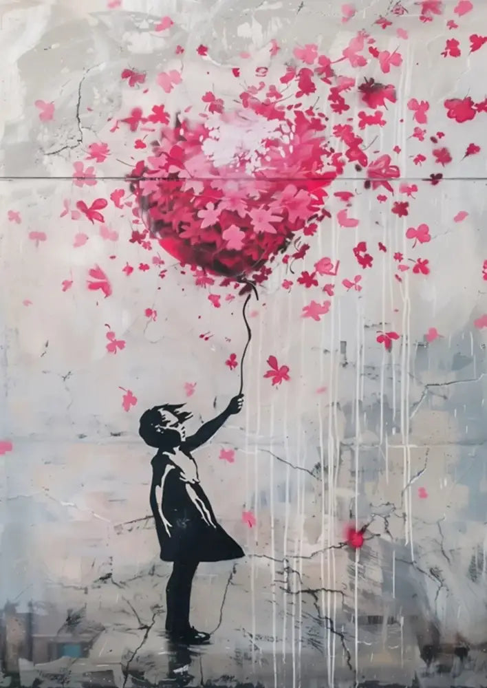 Decorbites™ boy girl balloon canvas print featuring a vibrant pink balloon with blossoms held by a child silhouette